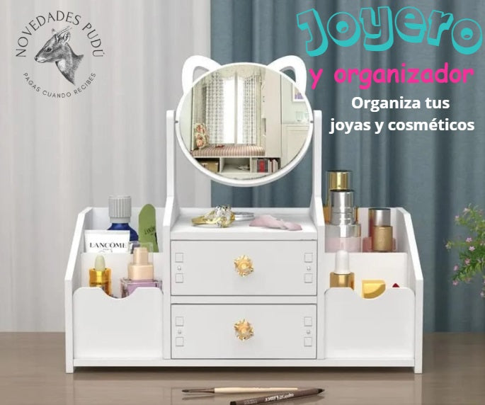 Organizador de cosméticos y joyero con espejo 2 cajones