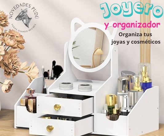 Organizador de cosméticos y joyero con espejo 2 cajones
