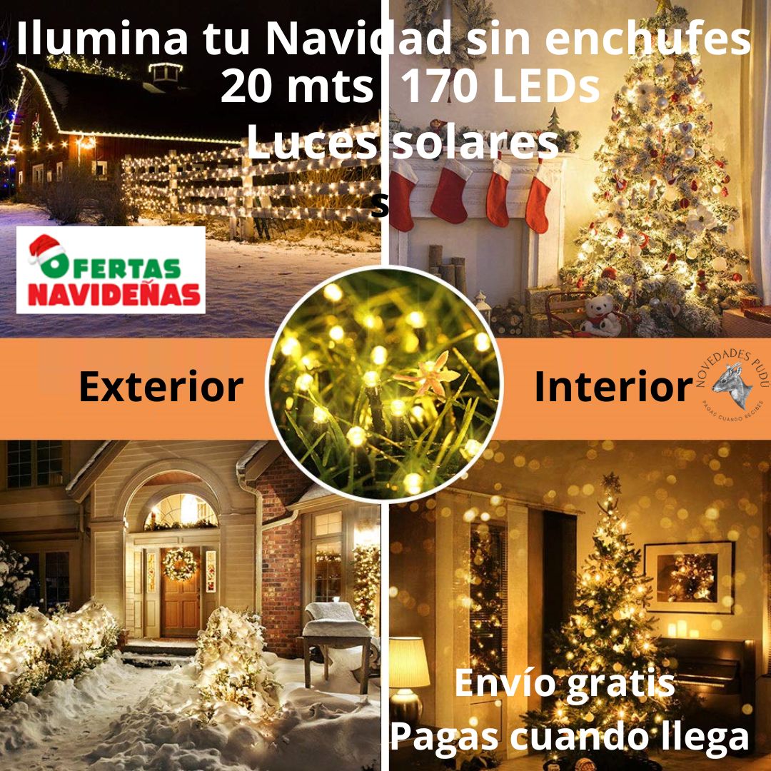 Luces solares navideñas 20mts - 170 LEDs  Amarillo Cálido o Multicolor