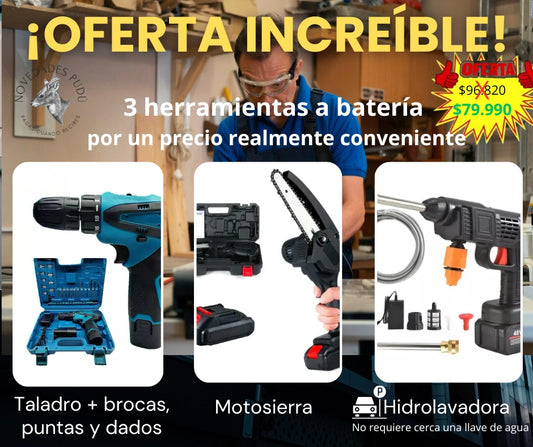 Kit Taladro, Hidrolavadora y Motosierra a Batería